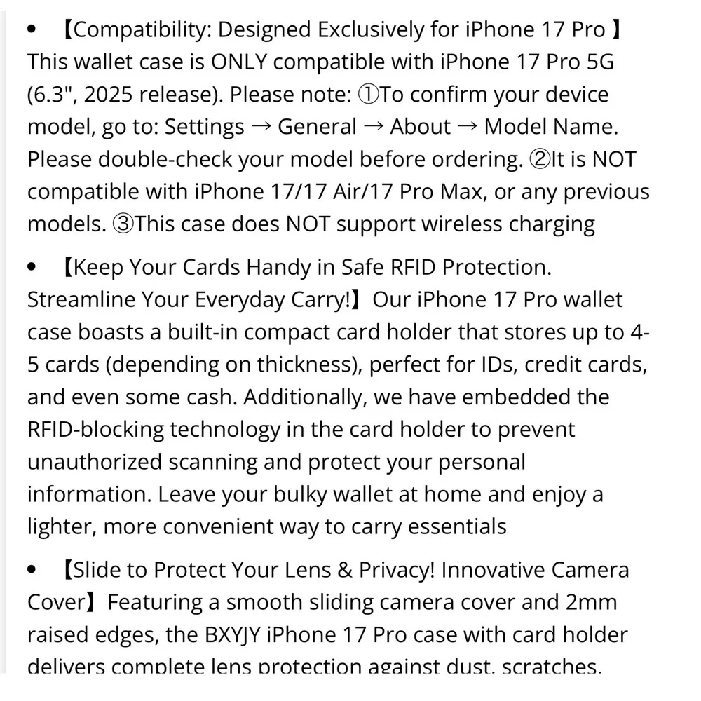 BXYJY iPhone 17 Pro Case Black Wallet Card‎ Holder Slide Camera Cover Heavy Duty